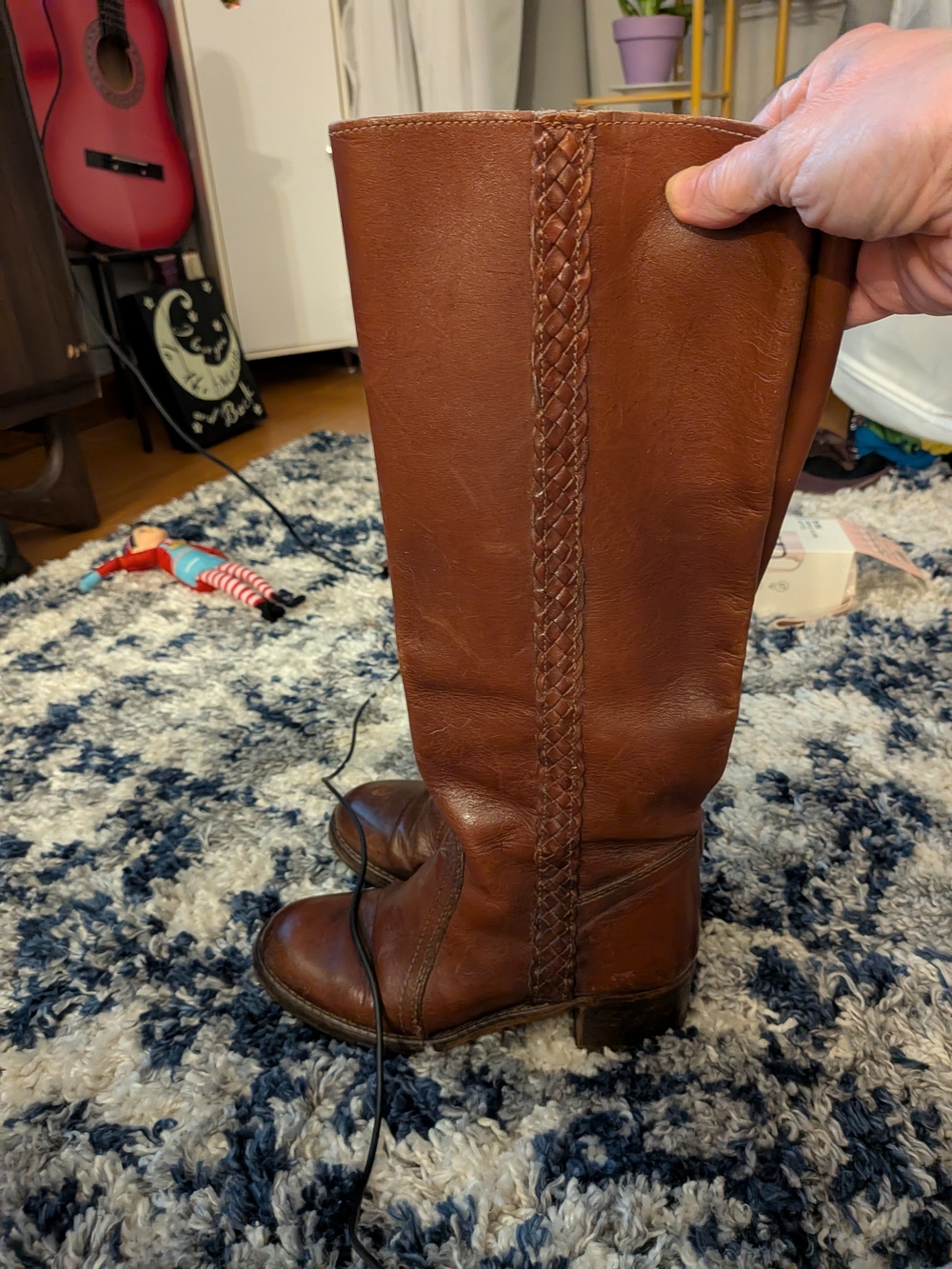 Braided Detail Tall Leather Riding Boots - Brown Made In Brazil